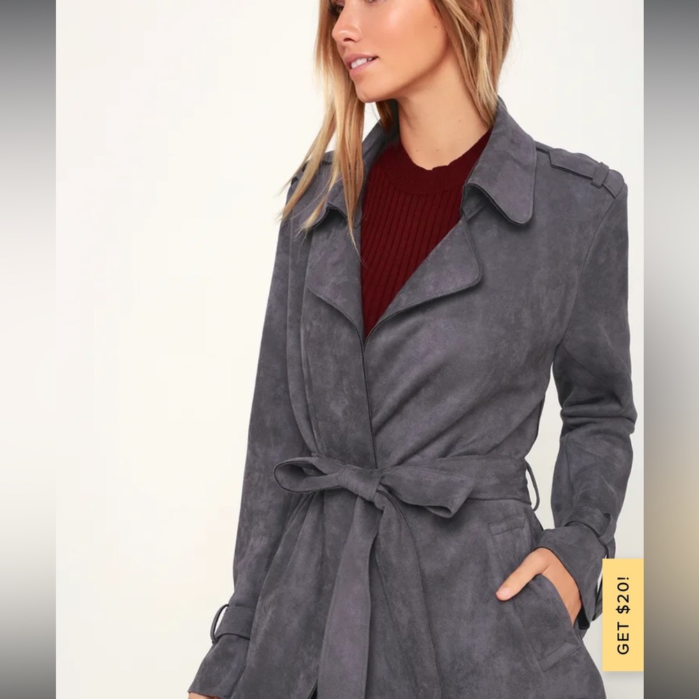 Lulus Morning Chill Blue Grey Suede Trench Coat